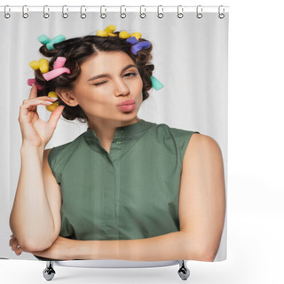 Personality  Young Woman With Colorful Hair Curlers Pouting Lips Isolated On Grey Shower Curtains