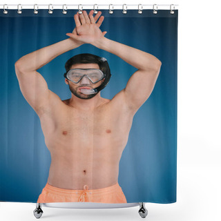 Personality  Handsome Shirtless Young Man In Shorts And Diving Mask Raising Hands And Looking At Camera On Blue Shower Curtains