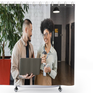 Personality  Happy African American Businesswoman Holding Smartphone And Looking At Asian Man With Laptop Shower Curtains
