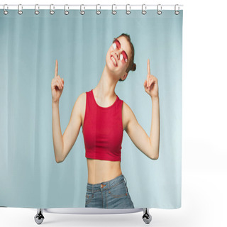 Personality  Woman Smiling With Perfect Smile On The Blue Studio Background Shower Curtains