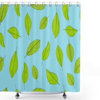Personality  Green Leaves On A Blue Background. Vector Illustration. Seamless Pattern With Natural Elements. Textile, Fabric Swatch. Shower Curtains