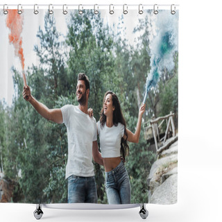 Personality  Cheerful Bearded Man And Attractive Woman Holding Smoke Bombs  Shower Curtains