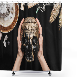 Personality  Top View Of Witch Holding Skull Near Runes, Candle And Crystals On Black  Shower Curtains