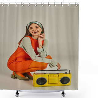 Personality  Happy Woman In Bright Orange Dress Looking At Camera Near Yellow Boombox On Grey, Vintage Vibes Shower Curtains