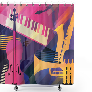 Personality  Abstract Jazz Art, Music Instruments, Trumpet, Contrabass, Saxophone And Piano. Shower Curtains