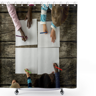 Personality  Top View Of Four Children, Boys And Girls Of Mixed Races, Drawin Shower Curtains