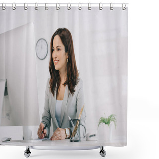 Personality  Attractive, Smiling Secretary Looking At Computer Monitor And Writing In Notebook Shower Curtains