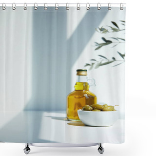 Personality  Bottle Of Aromatic Olive Oil With Branches And Bowl With Green Olives On White Table Shower Curtains