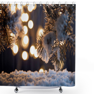 Personality  Close Up Of Spruce Branches In Snow With Christmas Lights Bokeh At Night   Shower Curtains