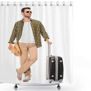 Personality  Smiling Young Male Traveler In Sunglasses Standing With Wheeled Bag Isolated On White Shower Curtains