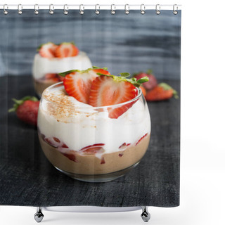 Personality  Summer Dessert With Strawberries And Mint. On A Black And Gray B Shower Curtains