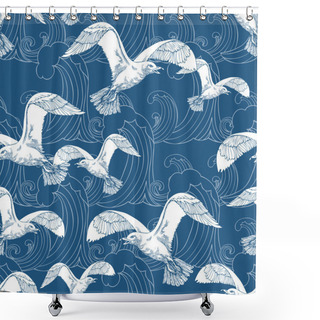 Personality  Abstract Sea Background, Beach Theme Fashion Seamless Pattern, Monochrome Exotic Vector Wallpaper, Vintage Fabric, Blue Wrapping With Seagull And Wave Ornaments - Summer, Maritime Theme For Design Shower Curtains