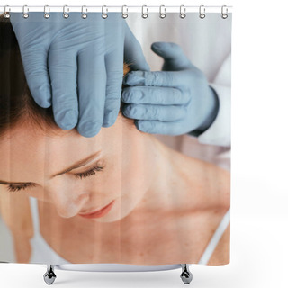 Personality  Cropped View Of Dermatologist In Latex Gloves Examining Hair Of Patient  Shower Curtains