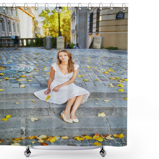 Personality  Beautiful Young Woman In White Dress Sitting On The Stairs With Yellow Autumn Leaves On Famous Montmartre Hill In Paris, France At Early Morning Shower Curtains