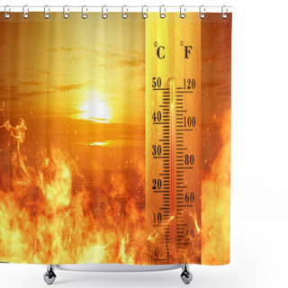 Personality  Thermometer With High Temperature On The City With Glowing Sun B Shower Curtains