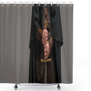 Personality  Cropped View Of Medieval Scottish Knight In Mantel With Sword In Hands On Grey Background, Panoramic Shot Shower Curtains