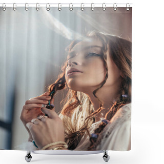 Personality  Attractive Thoughtful Girl With Braids In Hairstyle Posing In White Boho Dress On Grey With Lens Flares  Shower Curtains