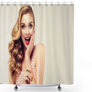 Personality  Woman With Red Lips And Nails Surprise Holds Cheeks By Hand .Beautiful Girl  With Curly Hair Surprised And Shocked Looks On You . Presenting Your Product. Expressive Facial Expressions Shower Curtains