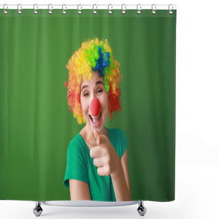 Personality  Funny Woman With Party Decor For April Fools' Day On Color Background Shower Curtains