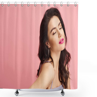 Personality  Alluring Woman With Long Dark Hair Elegantly Donning A Vibrant Dress. Shower Curtains