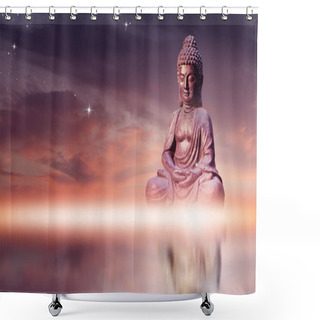 Personality  Buddha Statue Sitting In Meditation Pose Against Sunset Sky With Golden Tones Clouds. Shower Curtains
