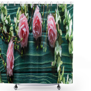 Personality  Top View Of Wooden Green Background With Blossoming Branches And Roses, Panoramic Shot Shower Curtains