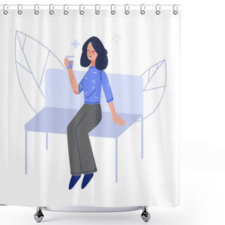 Personality  Young Woman Sitting On Bench And Drinking Fresh Clean Water From Bottle Vector Illustration Shower Curtains