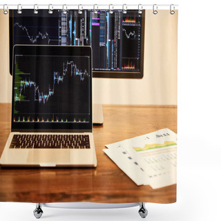 Personality  Laptop And Computer With Charts And Graphs, Documents On Table   Shower Curtains