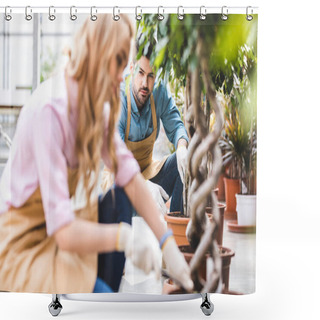 Personality  Man Looking At Female Gardener With Shovel Planting Ficus In Greenhouse Shower Curtains