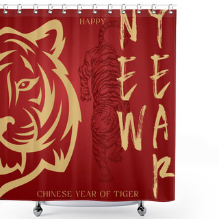 Personality  Happy New Year 2022 Asian Greeting Card Template. Golden Tiger Face Chinese Zodiac Sign On Red Background. Holiday Symbol. Isolated. Social Media Post Mockup Shower Curtains