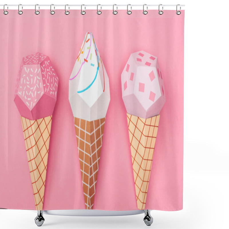 Personality  Top View Of Handmade Colorful Origami Ice Cream Cones Isolated On Pink Shower Curtains