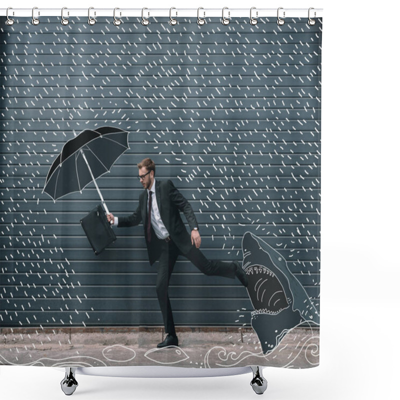 Personality  Businessman running with umbrella shower curtains