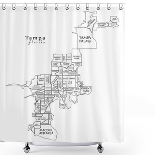 Personality  Modern City Map - Tampa Florida City Of The USA With Neighborhoods And Titles Outline Map Shower Curtains