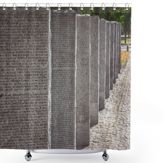 Personality  Identical Stone Tombs With Lettering Placed In Row At Graveyard Shower Curtains