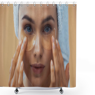 Personality  Close Up View Of Young Woman Applying Eye Patches Isolated On Beige Shower Curtains