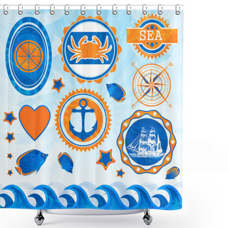 Personality  Vector Set Of Sea Emblems Shower Curtains
