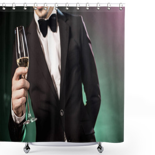 Personality  Cropped Shot Of Young Man In Tuxedo Holding Champagne Glass  Shower Curtains