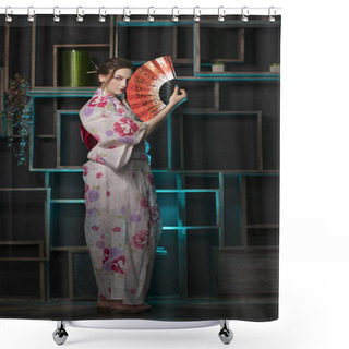 Personality  Beautiful Young Woman Standing At Night In Her Room And Posing In Japanese Kimono Alone Shower Curtains