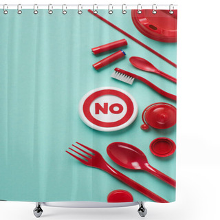 Personality  Top View Of No Sign And Disposable Plactic Wares On Blue Background Shower Curtains