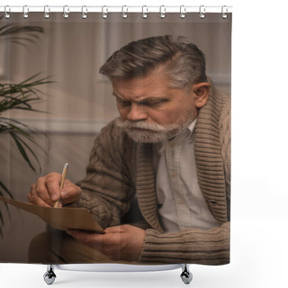 Personality  Thoughtful Senior Man In Sweater Writing Letter Shower Curtains