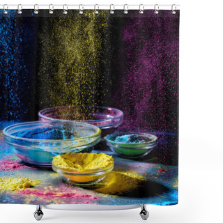 Personality  Indian Holi Festival Colours. Several Bowls With Holi Paint Powder. Explosion Of Purple, Yellow And Blue Color. Shower Curtains