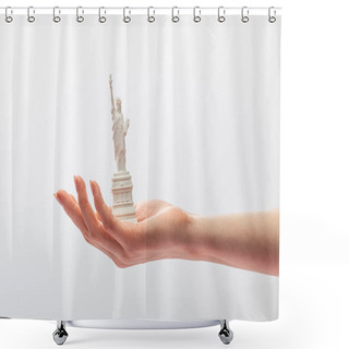 Personality  Cropped View Of Woman Holding Small Statue Of Liberty Isolated On White  Shower Curtains