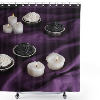 Personality  Tasty Halloween Cupcakes Near Burning Candles On Purple Cloth Shower Curtains
