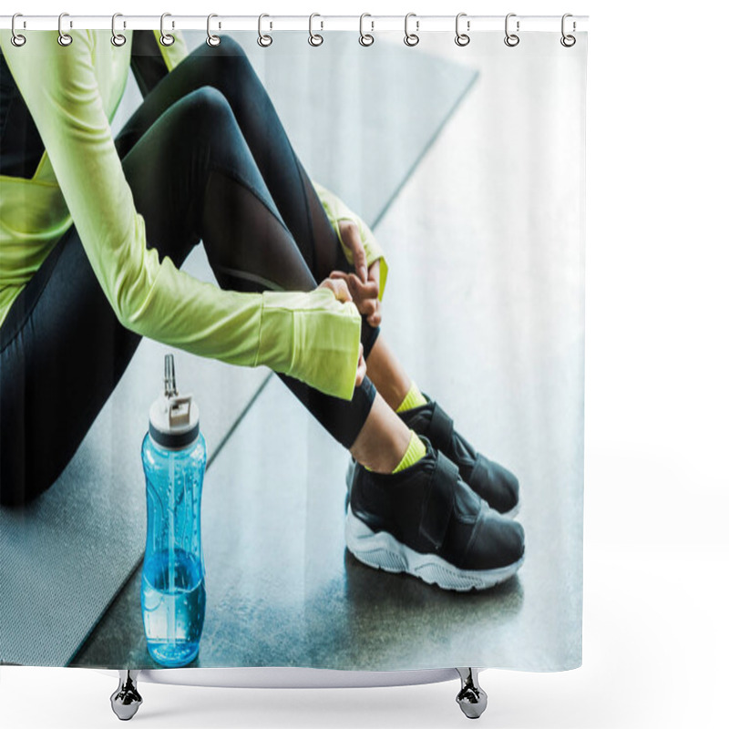 Personality  Cropped View Of Girl In Sportswear Sitting On Fitness Mat Near Sport Bottle  Shower Curtains