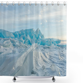 Personality  Dawn In The Blue Hummocks Of Ice Lake Baikal, In A Snowy Field In Winter On A Journey. Shower Curtains