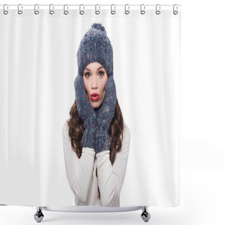 Personality  Surprised Woman In Mittens And Hat Shower Curtains