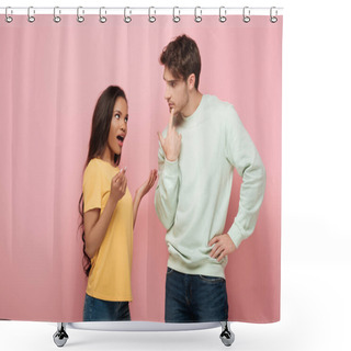 Personality  Serious Guy Touching Chin While Looking At African American Girlfriend Quarreling On Pink Background Shower Curtains