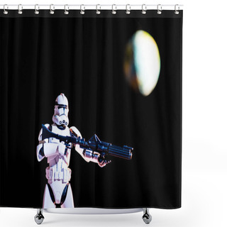 Personality  White Imperial Stormtrooper Figure With Gun On Black Background With Blurred Planet Earth Shower Curtains