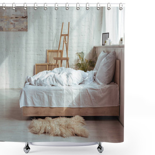 Personality  Interior Of Bedroom With Cozy Bed, Pillows, Blanket, Pictures And Easel  Shower Curtains