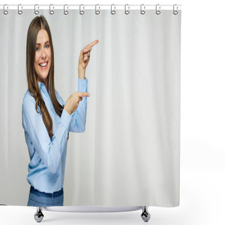 Personality  Smiling Business Woman Pointing Finger At Copy Space. Shower Curtains